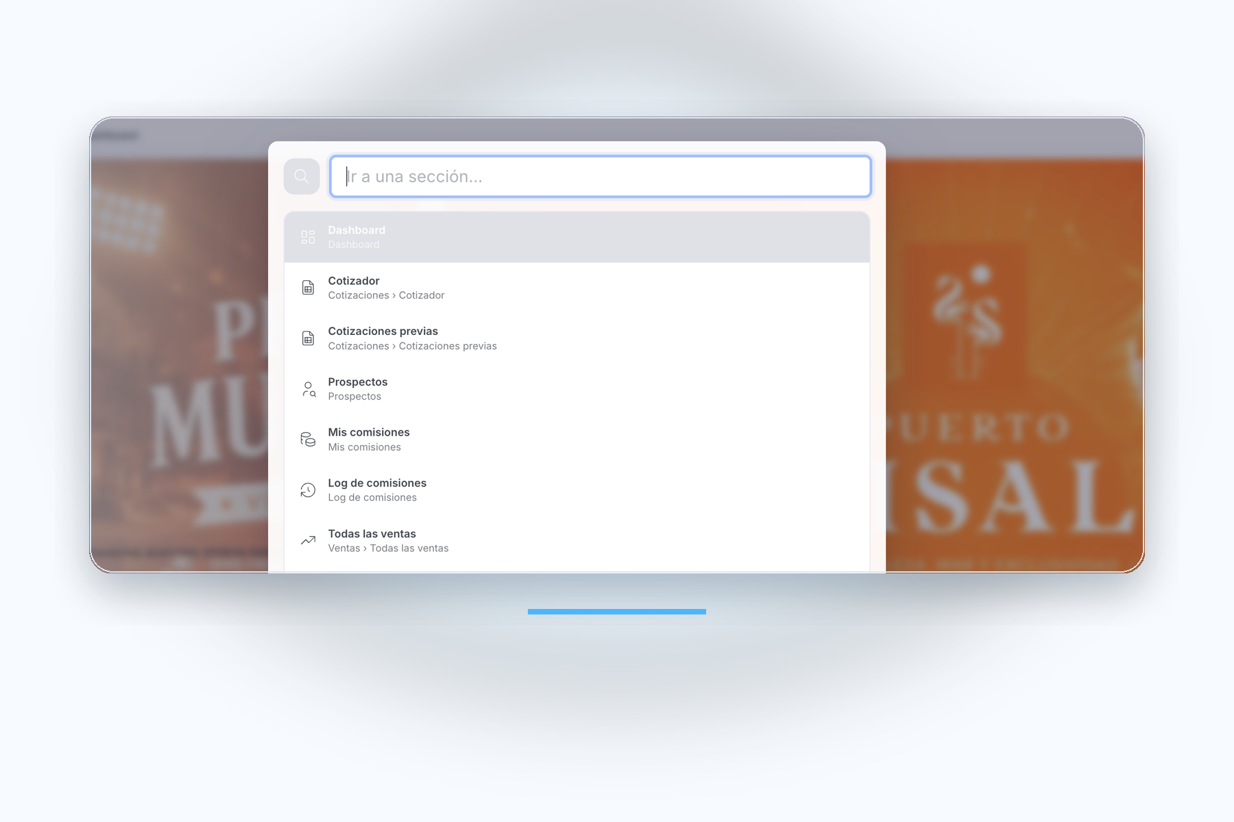 Spotlight in action inside Nuboo, with direct access to quotes, prospects, commissions and other sections